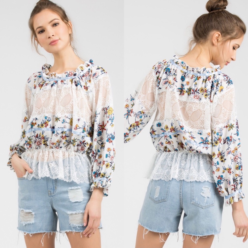 SALE POL White + Blue Flowers & Lace High Neck Top - Picture 5 of 13